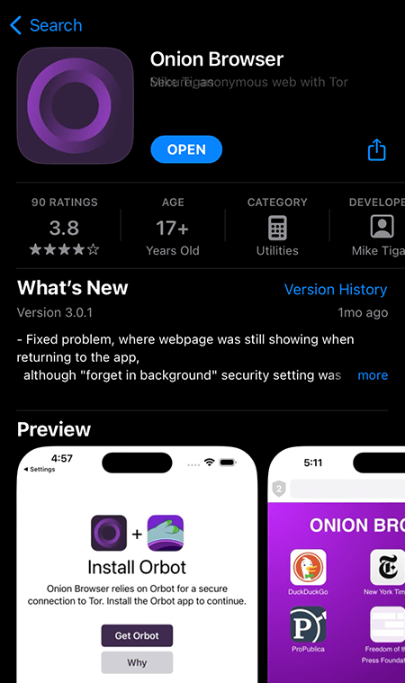 Onion Browser na App Store para acessar a dark web