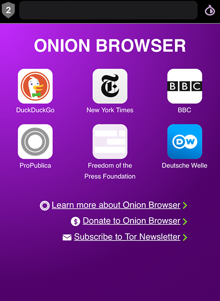 página inicial do Onion Browser para acessar a dark web