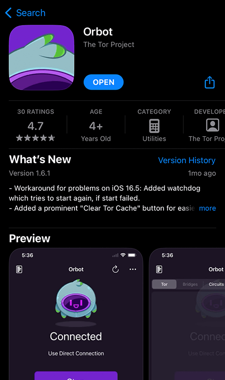 Orbot na AppStore para acessar a dark web