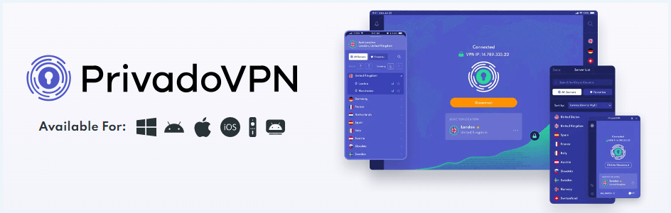 Banner do PrivadoVPN, serviço de VPN gratuito. A imagem mostra a interface e os sistemas operacionais do app
