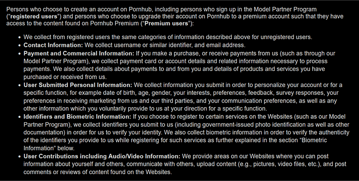 Captura de tela da política de privacidade do site pornô PornHub
