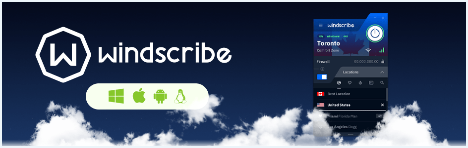 Banner da Windscribe, serviço de VPN gratuito, mostrando seu logo e interface