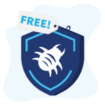 inseto em um escudo, representando um vírus e uma etiqueta escrito "free", representando os melhores antivírus gratuitos 2023