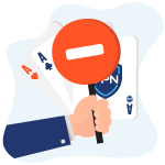 Mão segurando um símbolo de proibido com quatro cartas com símbolo de VPN