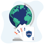 Globo terrestre com cartas com símbolo de VPN representando sites de apostas cassino
