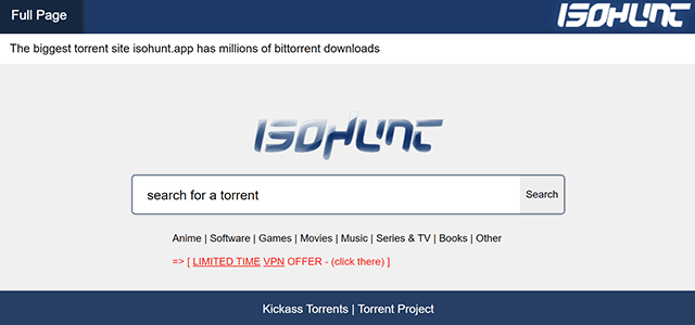 Print screen da homepage do site do ISOHunt, uma boa opção ao Kickasstorrents para quem busca ISOs e torrents