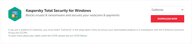 menu do Kaspersky download para escolha do país
