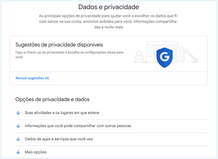 Opções de privacidade do Google