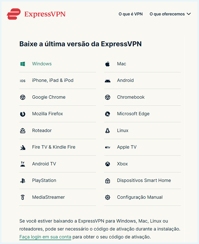captura de tela do site da expressvpn com a lista dos dispositivos para o qual a vpn tem suporte para você saber como baixar vpn em qualquer dispositivo