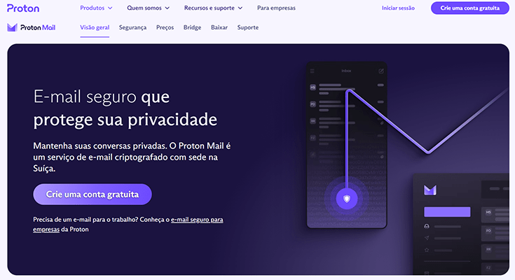 captura de tela do site oficial em português do protonmail, um ótimo provedor de email seguro