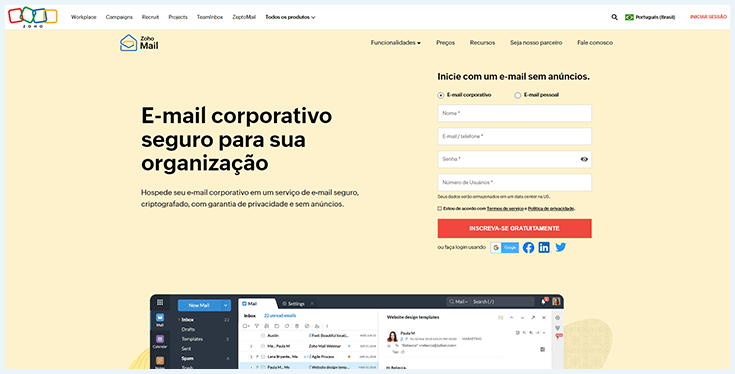 captura de tela do site oficial em português do zoho mail, um ótimo provedor de email seguro