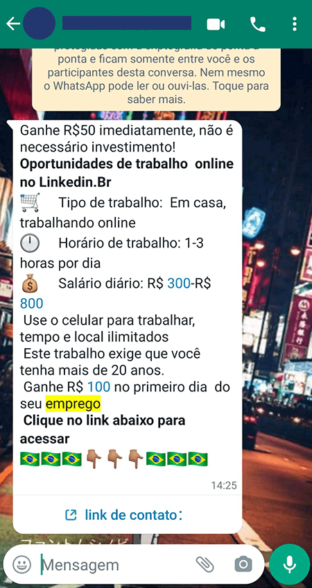 captura de tela que mostra uma mensagem de fraude WhatsApp com oferta de emprego
