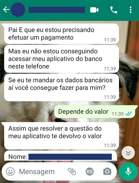 captura de tela que mostra um golpe do WhatsApp em que um número desconhecido se passa pelo filho do destinatário