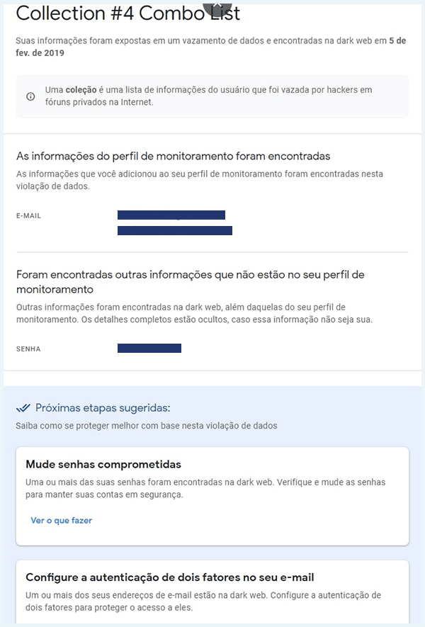 Resultados detalhados do relatório da dark web do Google One
