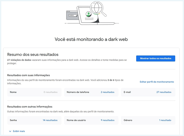 Resultados do relatório da dark web do Google One