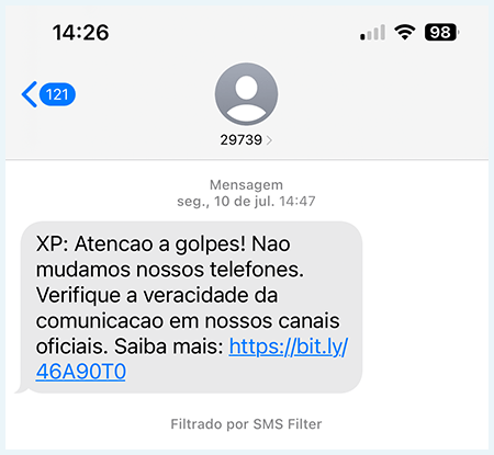 captura de tela de um SMS de banco, que não é fraude e sim uma mensagem verídica
