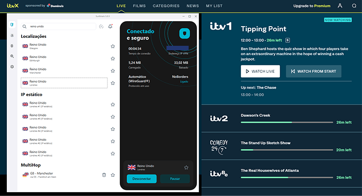 captura de tela do ITVX com uma vpn conectada