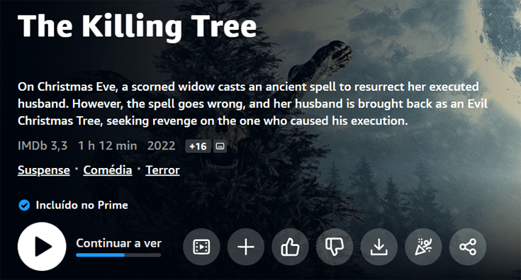 filme de natal Killing Tree no Prime Video americano