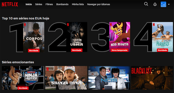página inicial catálogo netflix americana