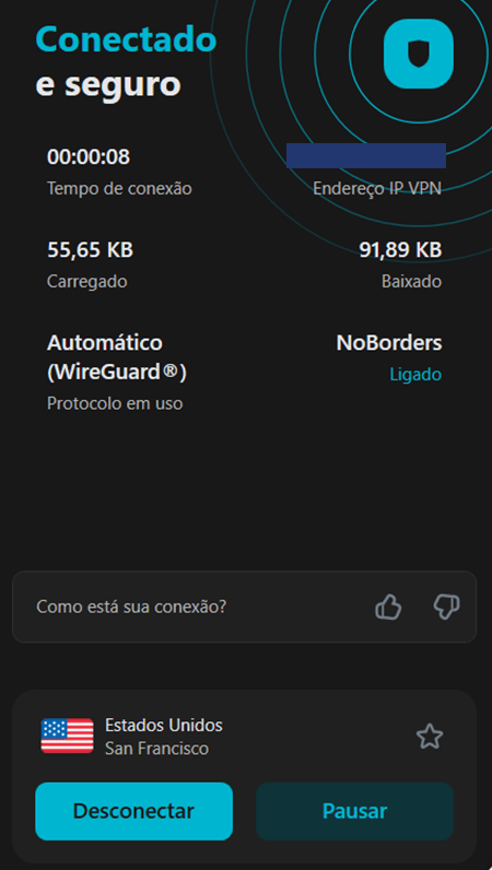 captura de tela do app surfshark em português conectado a um servidor americano na cidade de San Francisco