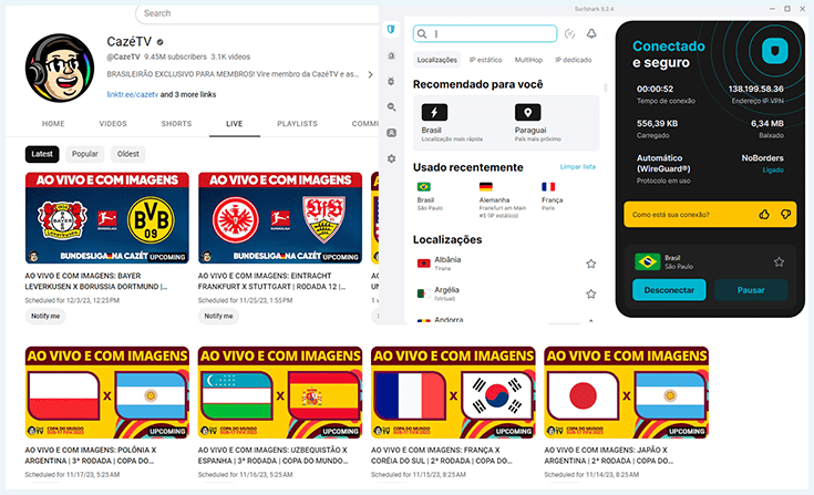 Captura de tela que mostra a página de streamings ao vivo do CazéTV, tal como ela é vista quando você usa um IP do Brasil para se conectar, mostrando a Surfshark conectada