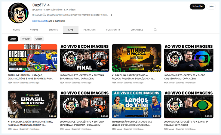 Captura de tela que mostra a página de streamings ao vivo do CazéTV, tal como ela é vista quando você está em outro país e usa um IP estrangeiro para se conectar
