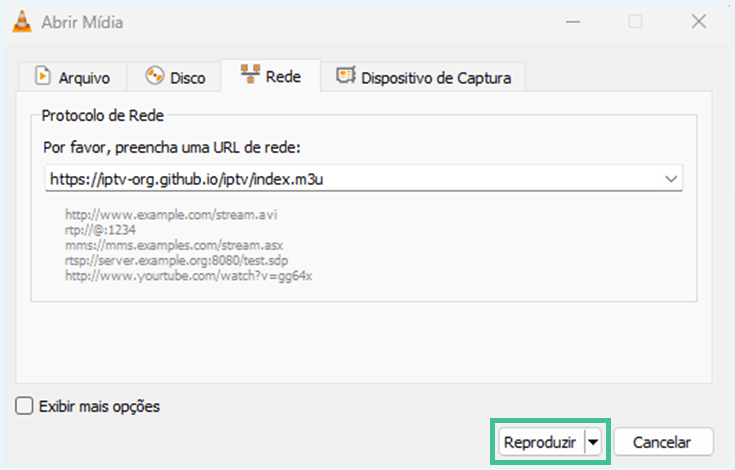 Botão de reproduzir lista IPTV no VLC media player