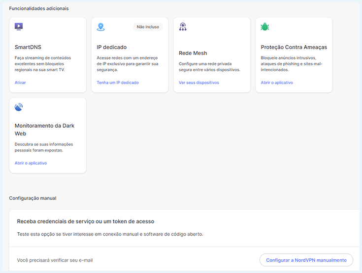 captura de tela do painel de controle no site da NordVPN com as credenciais de serviço router vpn