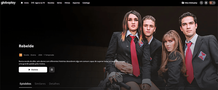 Site do Globoplay com Rebelde mexicana em destaque