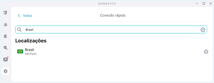 app da Surfshark com barra de pesquisa mostrando o resultado para Brasil