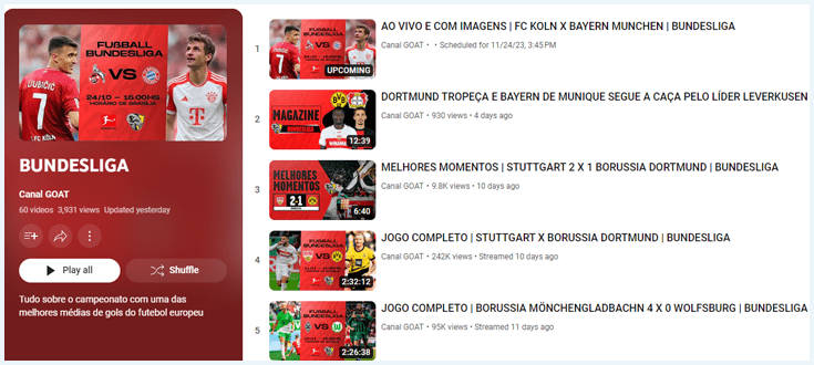 captura de tela do canal GOAT, do YouTube, uma solução para assistir jogos de bundesliga.