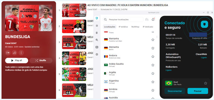 captura de tela do canal GOAT, do YouTube, uma solução para assistir jogos de bundesliga, com uma conexão ativa de VPN a um IP do Brasil