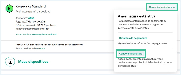 captura de tela do site em português do kaspersky antivírus área cancelar assinatura
