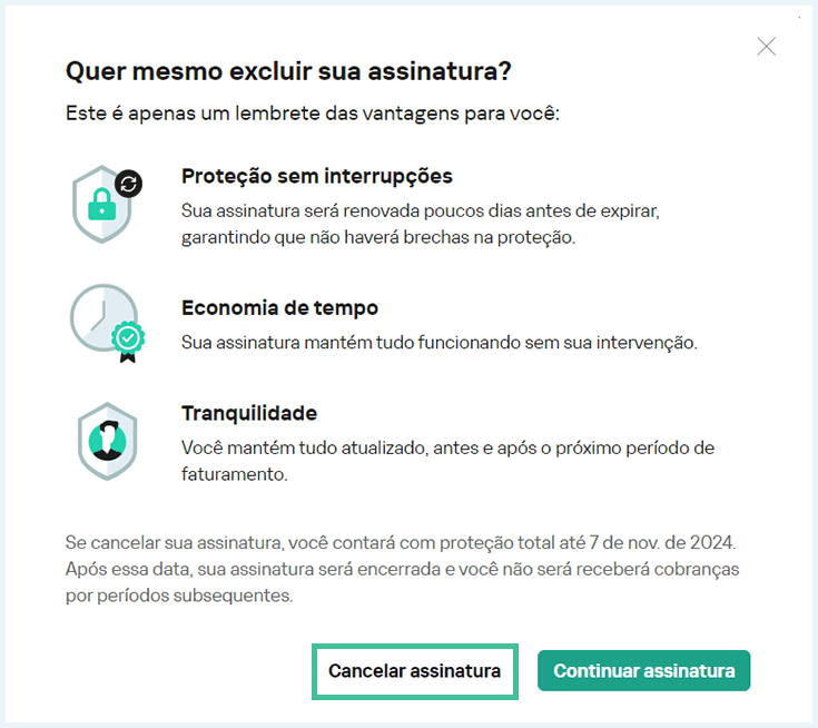 captura de tela do site em português do antivírus kaspersky tela cancelar assinatura