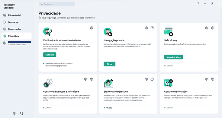 captura de tela da interface do aplicativo para windows do antivírus kaspersky em português