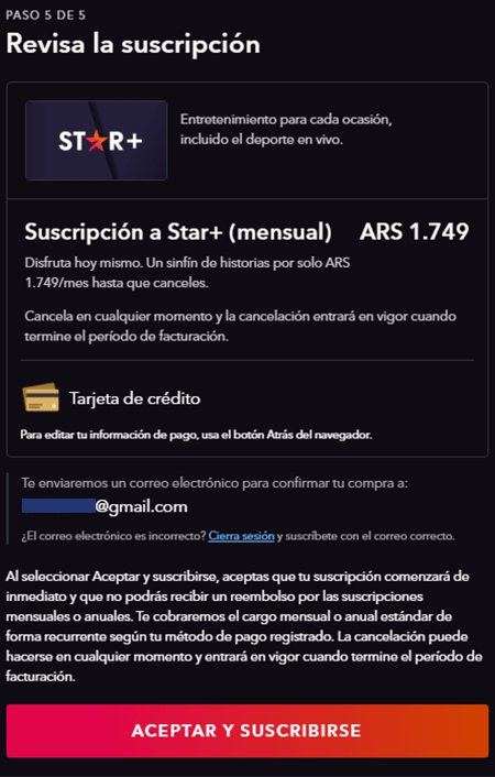 captura de tela mostrando a etapa para fazer uma conta do star+ pagando menos, na argentina