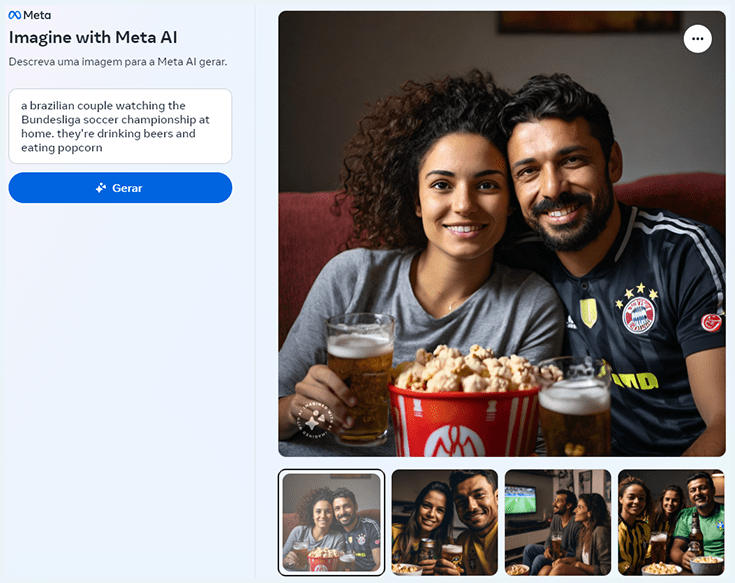 como criar imagens com inteligência artificial do Meta, o Imagine with Meta. captura de tela mostra o prompt em texto e a imagem gerada: um casal brasileiro assistindo bundesliga, comendo pipoca e bebendo cerveja.