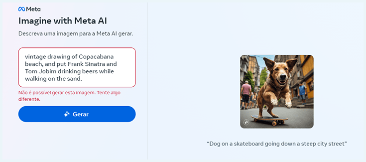 como criar imagens com inteligência artificial do Meta, o Imagine with Meta. captura de tela mostra um prompt cheio de detalhes que o Imagine with Meta não conseguiu transformar em imagem.