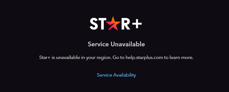 captura de tela mostrando o serviço Star+ indisponível fora do Brasil