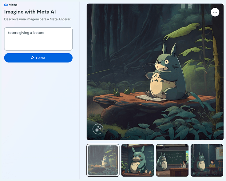como criar imagens com IA do Meta, o Imagine with Meta. captura de tela mostra o prompt em texto e a imagem gerada: totoro dando aulas.