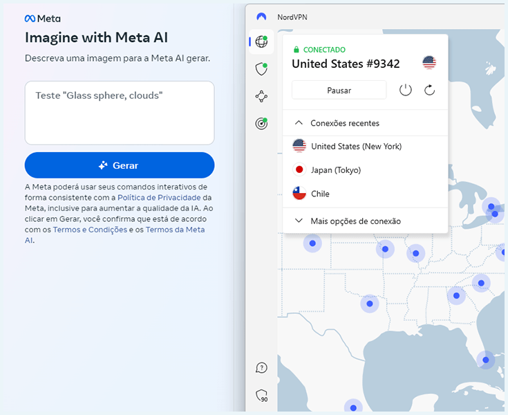 captura de tela que mostra como desbloquear o gerador de imagens com IA do Meta: usar uma VPN e se conectar a um servidor dos EUA.