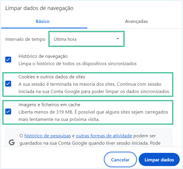 Captura de tela Google Chrome limpar dados de cookies e navegação vpn não conecta