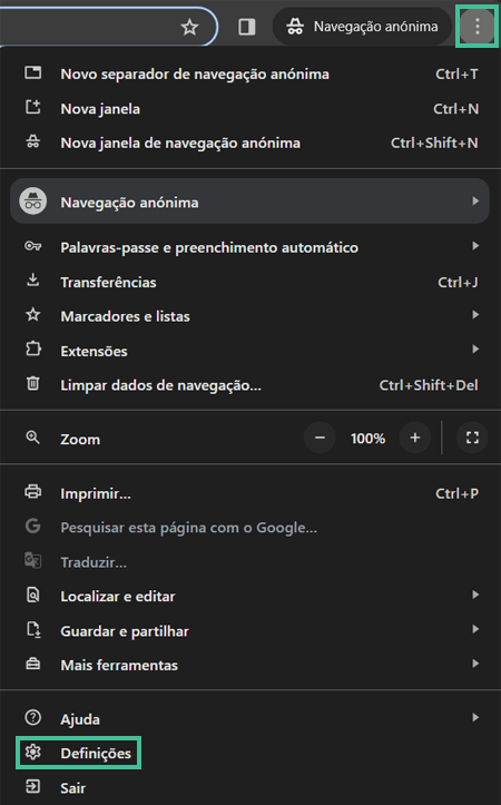 Captura de tela Google Chrome menu suspenso painel configurações vpn não conecta no wifi