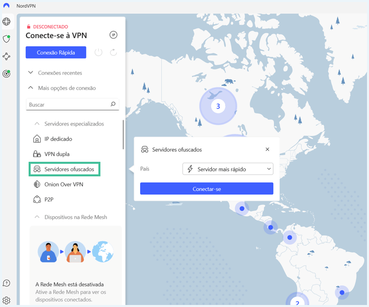 Captura de tela NordVPN servidores ofuscados em destaque vpn não funciona
