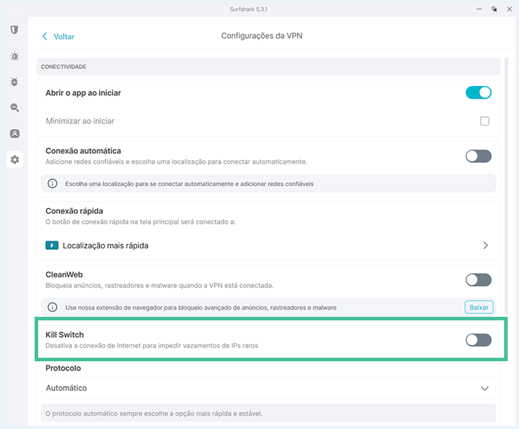 Captura de tela mostrando as configurações de kill switch Surfshark: o que fazer quando uma VPN conecta mas não acessa rede