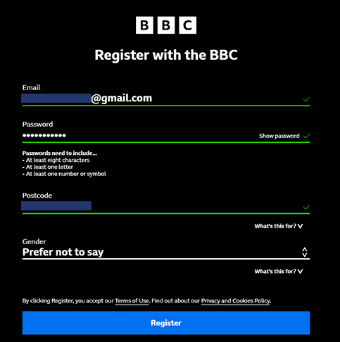 antes de assistir bbc iplayer com vpn, é necessário concluir o cadastro no site. o processo é rápido, mas você vai ter que inserir email, senha, CEP e gênero