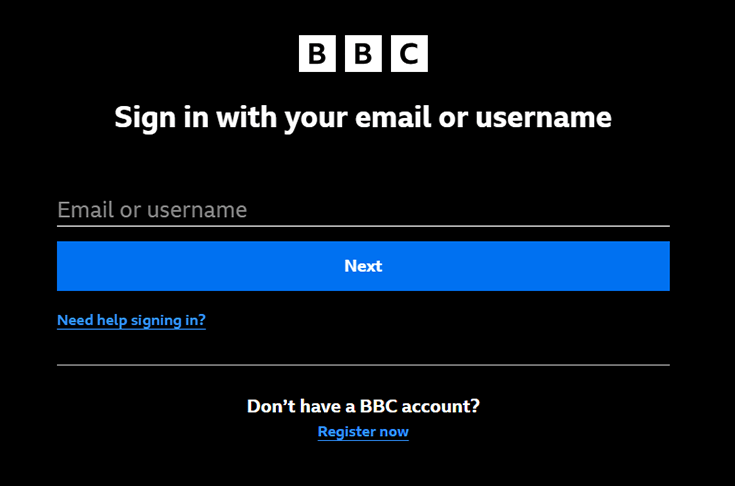 como assistir bbc ao vivo? captrua de tela mostrando a primeira etapa para criar uma conta no bbc iplayer