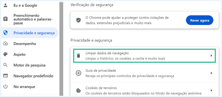 Captura de tela Google Chrome configurações privacidade e segurança vpn não conecta no 4g
