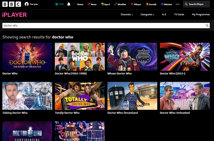 bbc iplayer vpn: captura de tela do bbc iplayer com vpn conectada, desbloqueando todo o catálogo de doctor who