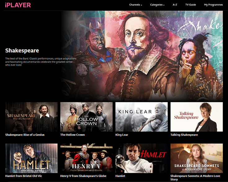 bbc iplayer vpn: captura de tela do bbc iplayer com vpn conectada, desbloqueando todo o catálogo de shakespeare
